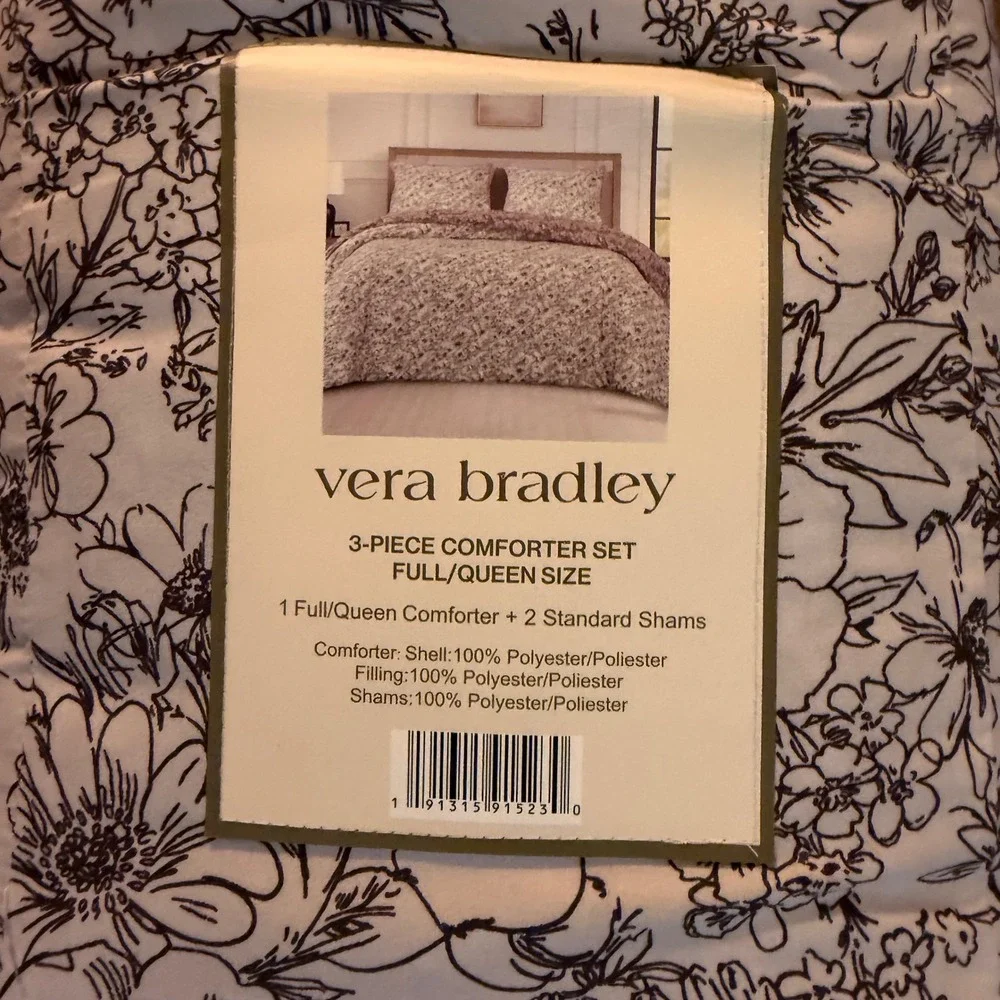Vera Bradley Comforter Set Full Queen White Black Purple Floral Reversible 3pc